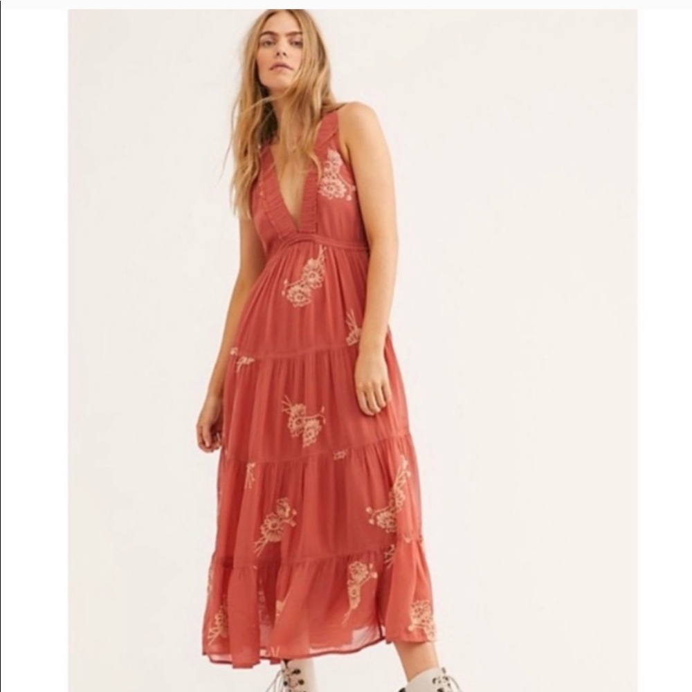 Free People Rust Red Tiered Midi Dress with Cream Embroidery